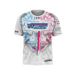 Custom sublimated white t-shirt with futuristic "HYBRID" cybertech graphic in pink and blue, featuring geometric patterns for B2B apparel manufacturing.