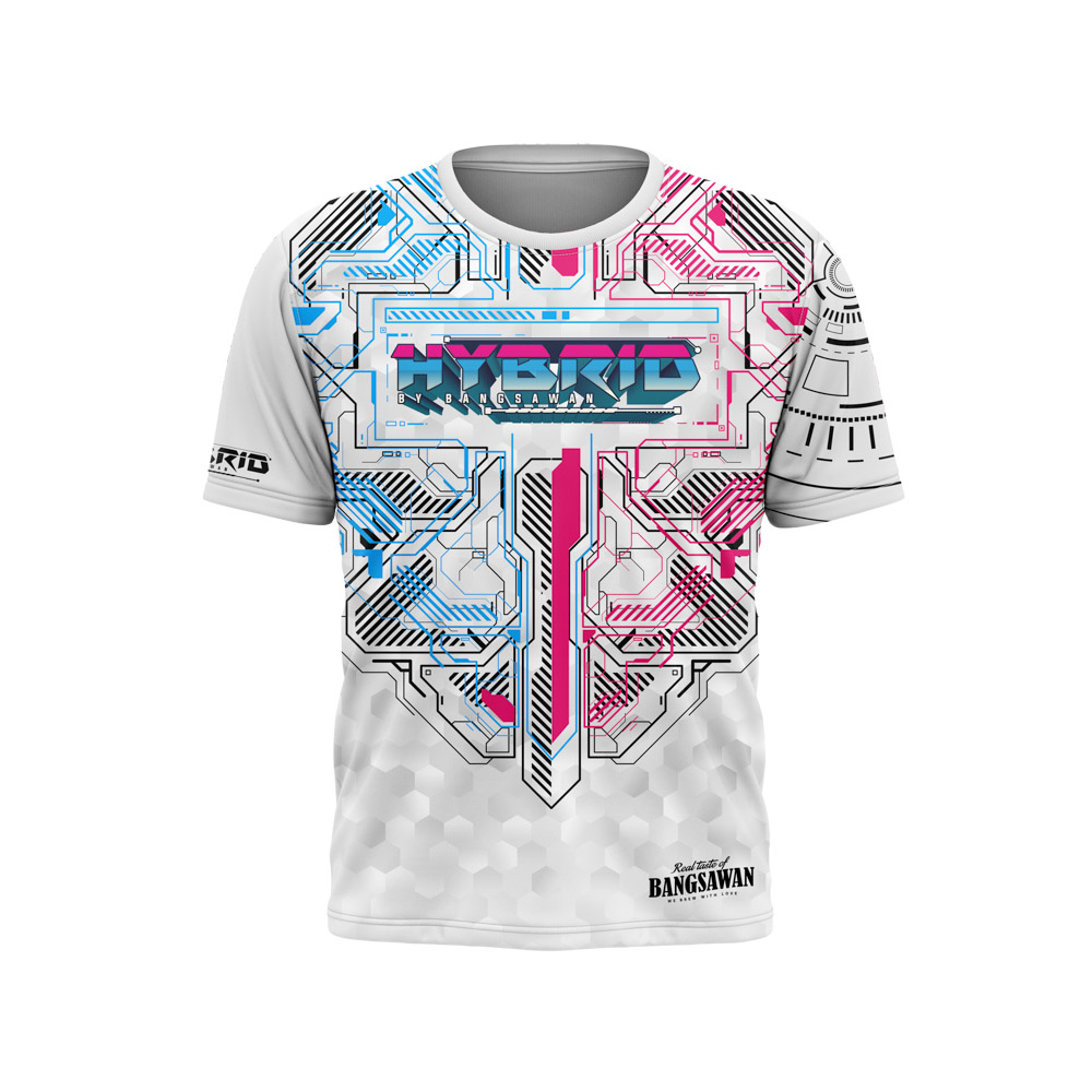 Custom Full Sublimation Tech-Wear T-Shirt Custom sublimated white t-shirt with futuristic "HYBRID" cybertech graphic in pink and blue, featuring geometric patterns for B2B apparel manufacturing.