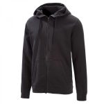 A classic black zip-up fleece hoodie with a front kangaroo pocket and adjustable drawstrings, available for private label branding and high-volume wholesale production.