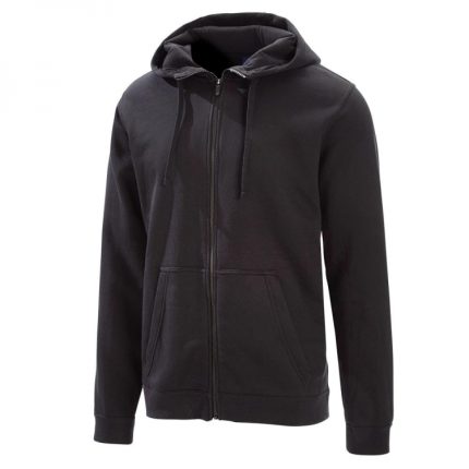 A classic black zip-up fleece hoodie with a front kangaroo pocket and adjustable drawstrings, available for private label branding and high-volume wholesale production.