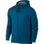 A teal blue performance zip-up hoodie with a textured finish and adjustable hood, designed for bulk manufacturing and private label activewear brands.