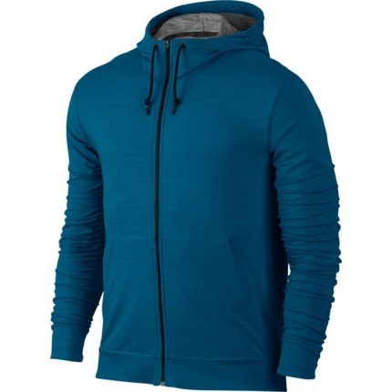 A teal blue performance zip-up hoodie with a textured finish and adjustable hood, designed for bulk manufacturing and private label activewear brands.