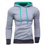 A slim-fit grey heather hoodie with a turquoise inner hood lining and matching drawstrings, designed for private label gymwear brands and bulk manufacturing.