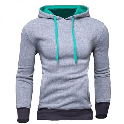 A slim-fit grey heather hoodie with a turquoise inner hood lining and matching drawstrings, designed for private label gymwear brands and bulk manufacturing.