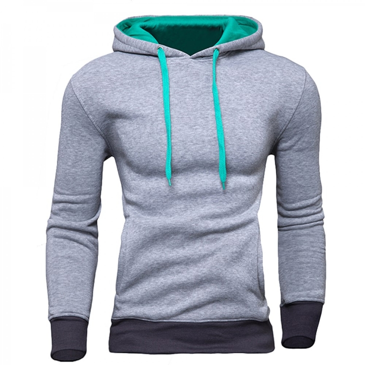 A slim-fit grey heather hoodie with a turquoise inner hood lining and matching drawstrings, designed for private label gymwear brands and bulk manufacturing.