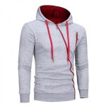 Light grey heather hoodie with a unique red asymmetric side zipper and red inner hood lining, available for custom private label branding and bulk manufacturing.