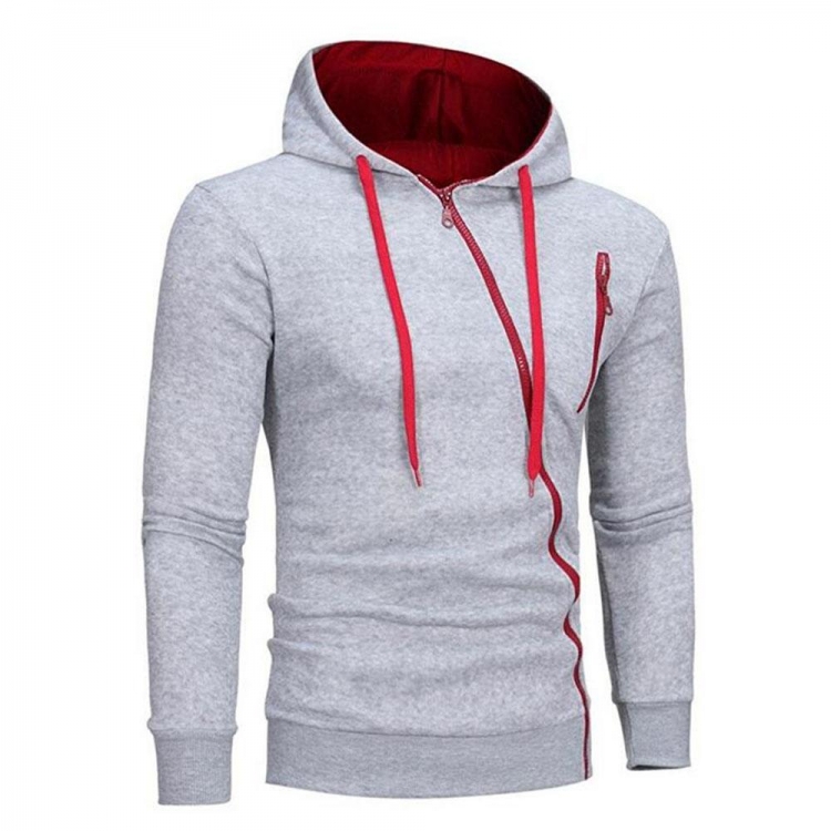 Light grey heather hoodie with a unique red asymmetric side zipper and red inner hood lining, available for custom private label branding and bulk manufacturing.