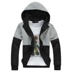 A stylish grey and black color-block zip-up hoodie with a black inner hood lining, available for custom private label branding and bulk manufacturing.