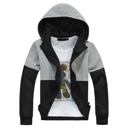 A stylish grey and black color-block zip-up hoodie with a black inner hood lining, available for custom private label branding and bulk manufacturing.