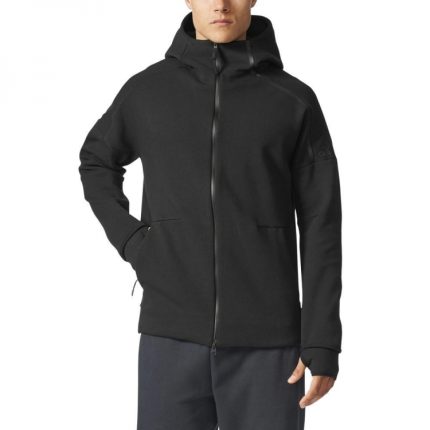 A premium black tech fleece zip-up hoodie with high-neck collar and thumbhole cuffs, designed for private label gymwear brands and on-demand bulk production.