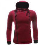 A deep burgundy asymmetric zip hoodie featuring black ribbed cuffs, a black high-collar lining, and black zippers, available for custom private label branding and bulk manufacturing.