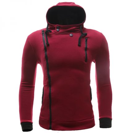 A deep burgundy asymmetric zip hoodie featuring black ribbed cuffs, a black high-collar lining, and black zippers, available for custom private label branding and bulk manufacturing.