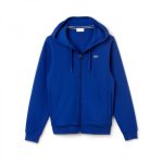 A premium royal blue zip-up fleece hoodie with side pockets and ribbed cuffs, perfect for private label apparel brands and high-volume wholesale production.
