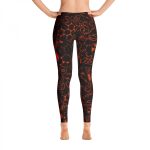 Custom sublimated gym leggings featuring a red chemical formula and physics science print on black fabric, designed for private label activewear and bulk OEM manufacturing.