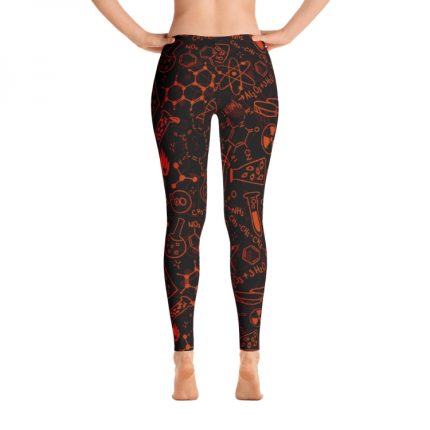 Custom sublimated gym leggings featuring a red chemical formula and physics science print on black fabric, designed for private label activewear and bulk OEM manufacturing.