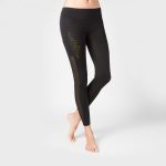 Black high-waisted gym leggings with side mesh paneling and custom gold embroidery for private label activewear brands and bulk OEM manufacturing.