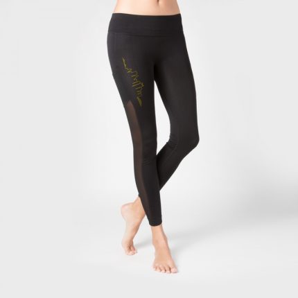 Black high-waisted gym leggings with side mesh paneling and custom gold embroidery for private label activewear brands and bulk OEM manufacturing.