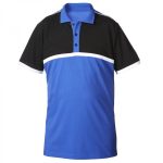 A black and blue cut-and-sew polo shirt with a white chest stripe, ideal for custom team uniforms and bulk OEM production by a professional sportswear supplier.