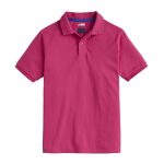 A plain magenta polo shirt with a blue inner collar band, available for custom branding and bulk manufacturing from a private label sports apparel supplier.