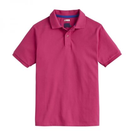 A plain magenta polo shirt with a blue inner collar band, available for custom branding and bulk manufacturing from a private label sports apparel supplier.