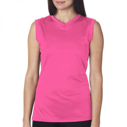 Women's vibrant pink V-neck fitness tank top, lightweight and sleeveless, designed for private label activewear brands and bulk OEM supply.