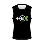 Black sleeveless fitness tank top with a custom barbell and leaf logo design for bulk manufacturing and private label sportswear brands.