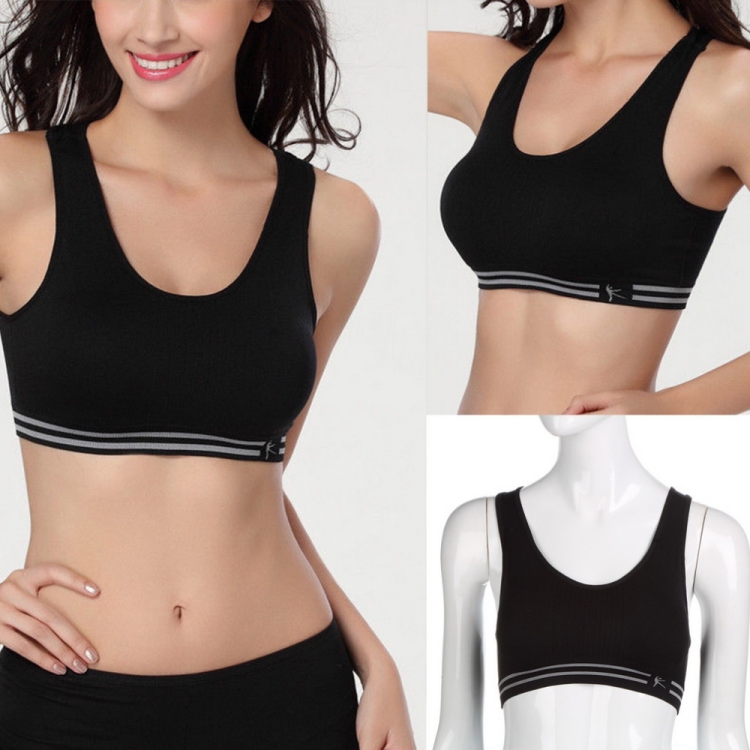 High-performance black sports bra with elasticated striped waistband for bulk manufacturing and private label gymwear brands.