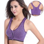 Purple front-zipper sports bra with racerback design, available for bulk OEM manufacturing and private label sportswear brands.
