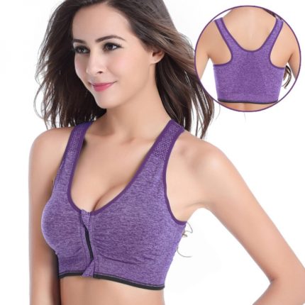 Purple front-zipper sports bra with racerback design, available for bulk OEM manufacturing and private label sportswear brands.