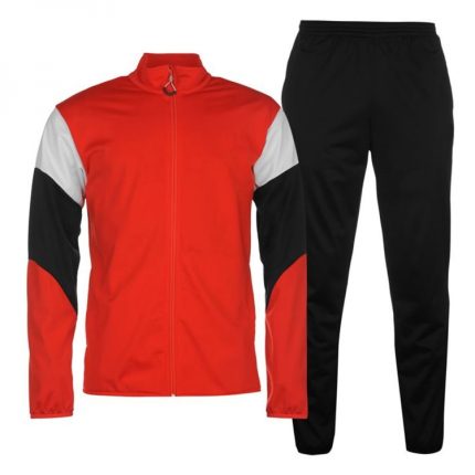 Professional red athletic tracksuit jacket with black and white geometric sleeve panels and matching black joggers for B2B bulk manufacturing.