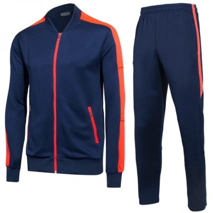 Professional navy blue and orange athletic tracksuit set featuring a full-zip bomber-style jacket and matching tapered joggers for B2B bulk manufacturing.