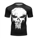 Professional black compression t-shirt featuring a large white distressed Punisher-style skull graphic for B2B fitness and tactical apparel manufacturing.