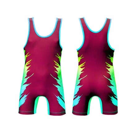 Custom sublimated wrestling singlet with a maroon and neon green flame-style graphic, designed for bulk manufacturing and teamwear private label brands.