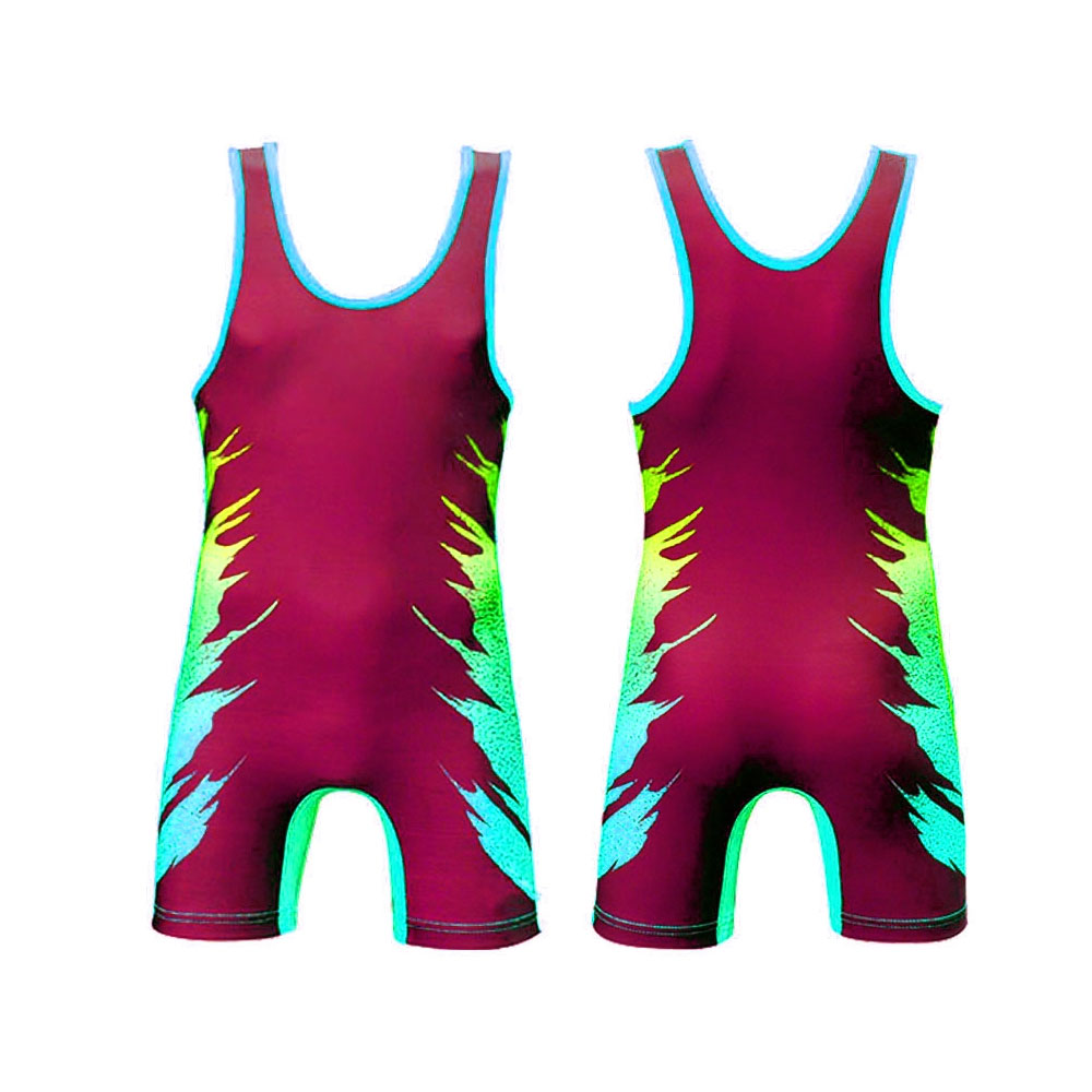 Wrestling Singlet Bulk OEM Manufacturing Custom sublimated wrestling singlet with a maroon and neon green flame-style graphic, designed for bulk manufacturing and teamwear private label brands.