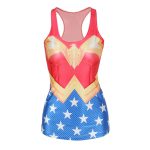 Women's red and blue racerback gym vest with a superhero-inspired 3D gold eagle and star sublimation print, designed for bulk manufacturing and private label activewear brands.