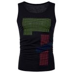 Custom black gym tank top with neon green and red halftone dot graphics, made-to-order for private label fitness brands and activewear wholesalers.