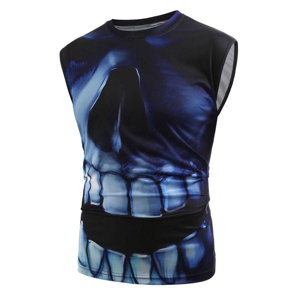 Custom Sublimated Gym Tank Top Manufacturing Custom sublimated gym tank top for men featuring a blue skull 3D print, designed for bulk manufacturing and private label activewear brands.