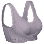 Women's lavender wireless sports bra with floral lace trim and front-adjustable hooks for bulk B2B manufacturing.