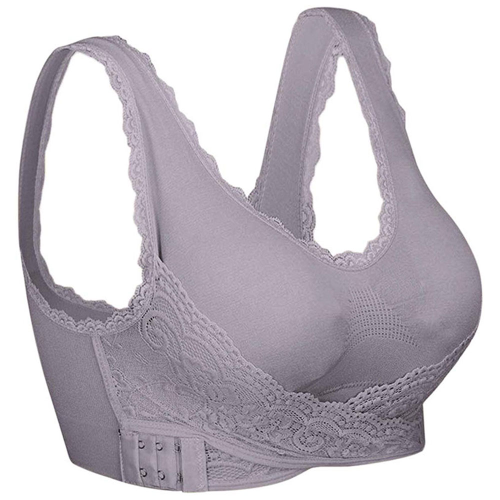 Custom Lace Wireless Comfort Sports Bra Women's lavender wireless sports bra with floral lace trim and front-adjustable hooks for bulk B2B manufacturing.