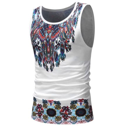 Custom white men's tank top with an intricate bohemian-style sublimated pattern around the chest and bottom hem, designed for bulk manufacturing and private label sportswear brands.