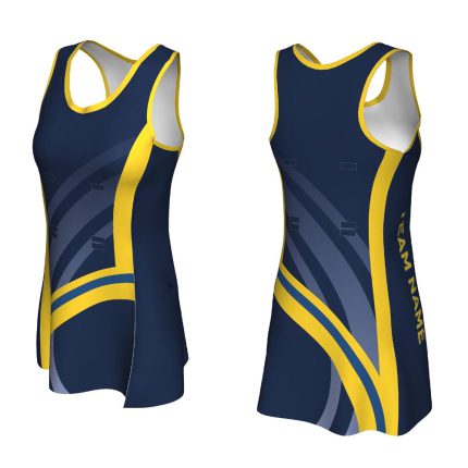 Women's navy blue netball dress with yellow curved swoosh patterns and side panels for bulk B2B manufacturing.