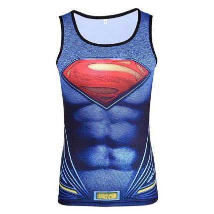 Custom blue men's gym tank top with superhero-inspired 3D muscle sublimation print for bulk manufacturing and private label sportswear brands.