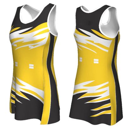 Women's netball dress featuring a yellow, black, and white lightning-bolt splash pattern for bulk B2B manufacturing.