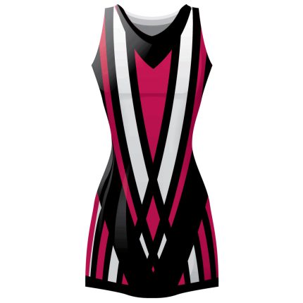 Women's sublimated netball dress featuring a magenta, black, and white sharp geometric V-pattern for bulk B2B manufacturing.