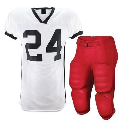Professional white American football jersey with black V-neck and "24" branding, paired with integrated padded red pants for bulk B2B manufacturing.