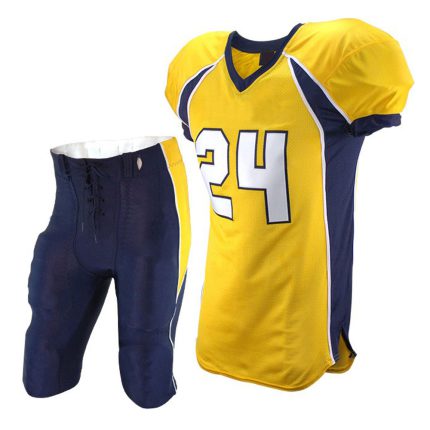 Professional yellow American football jersey with navy shoulder panels and "24" branding, paired with navy lace-up padded pants for bulk B2B manufacturing.