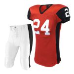 Professional red American football jersey with black shoulder panels and "24" branding, paired with white lace-up padded pants for bulk B2B manufacturing.