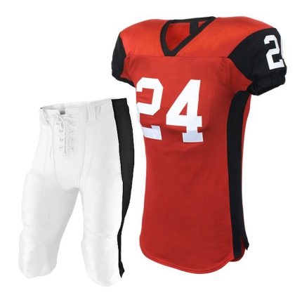 Professional red American football jersey with black shoulder panels and "24" branding, paired with white lace-up padded pants for bulk B2B manufacturing.