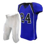 Professional royal blue American football jersey with black shoulder accents and "24" branding, paired with integrated padded white pants for bulk B2B manufacturing.