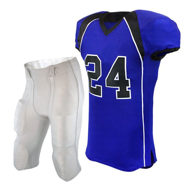 Professional royal blue American football jersey with black shoulder accents and "24" branding, paired with integrated padded white pants for bulk B2B manufacturing.